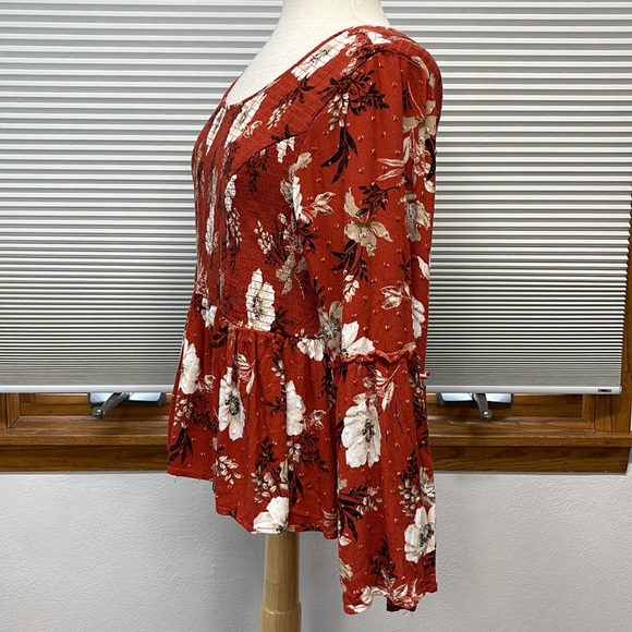 2X // Torrid Red Terracotta Floral Crinkled  Gauze Midi Babydoll Top - Picture 9 of 13